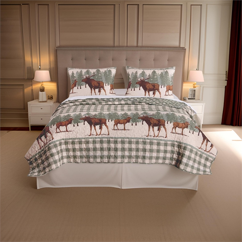 3 Piece Fabric King Quilt Set- Animal- Plaid Print- Gray and Brown