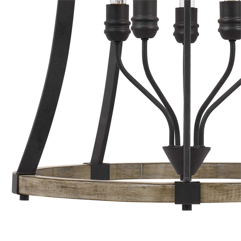 5 Bulb Pendant Fixture with Wooden and Metal Frame- Brown and Black