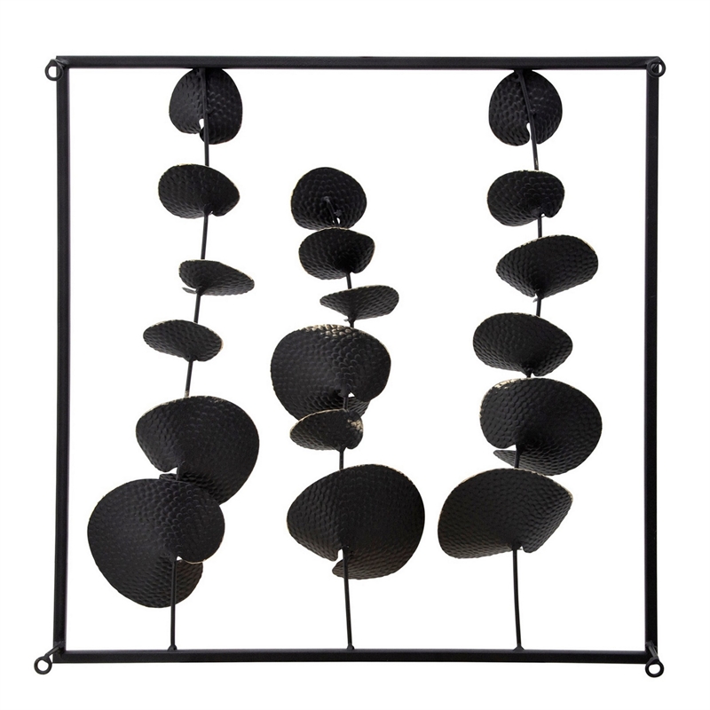 Wall Decor with Textured Leaves and Metal Frame in Black