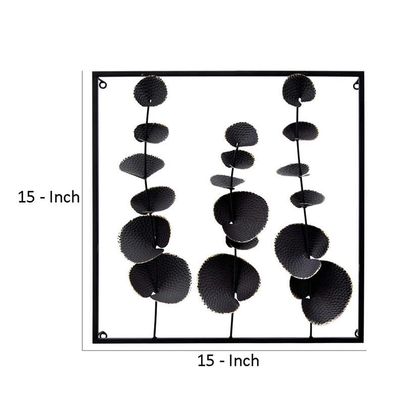 Wall Decor with Textured Leaves and Metal Frame in Black