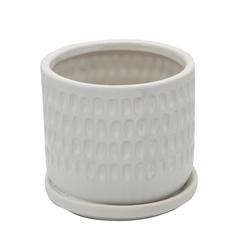 Ceramic Planter with Saucer and Hammered Design- Set of 2- White