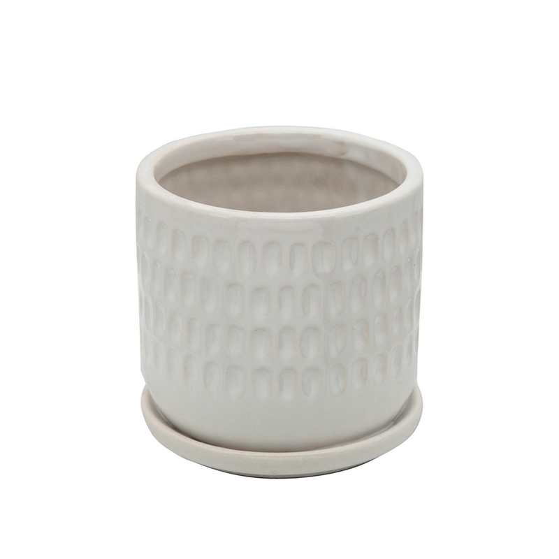 Ceramic Planter with Saucer and Hammered Design- Set of 2- White