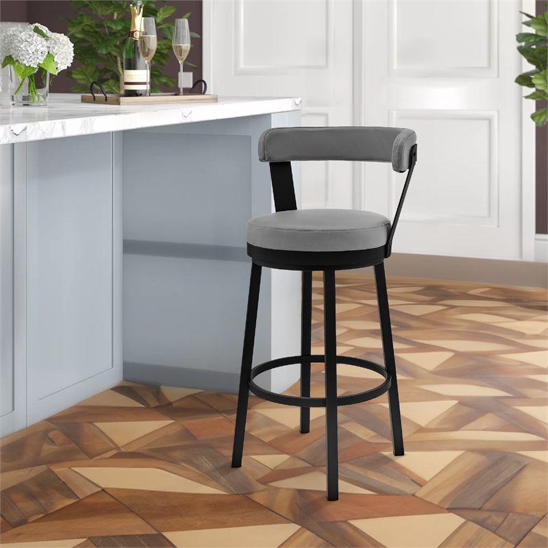 Swivel Counter Barstool with Curved Open Back and Metal Legs- Light Gray