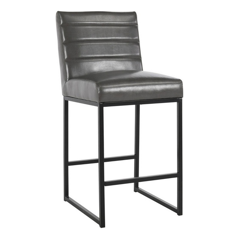 Vinn 26 Inch Modern Counter Stool- Channel Tufted- Vegan Faux Leather- Gray