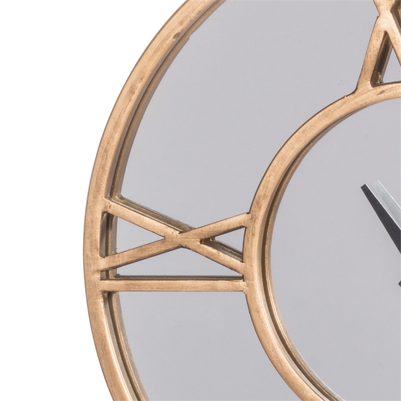 15 Inch Modern Table Clock- Round Mirrored Frame- Gold Metal Accent Trim