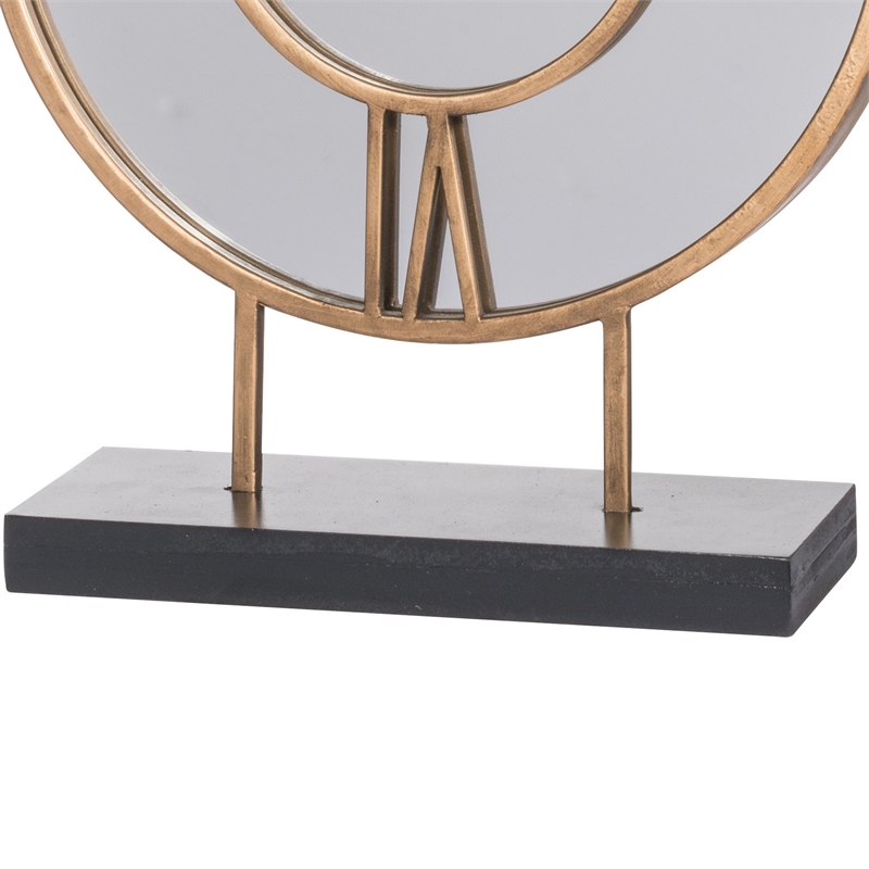 15 Inch Modern Table Clock- Round Mirrored Frame- Gold Metal Accent Trim