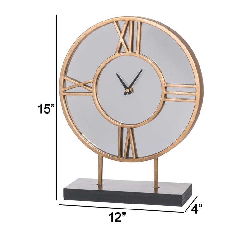 15 Inch Modern Table Clock- Round Mirrored Frame- Gold Metal Accent Trim
