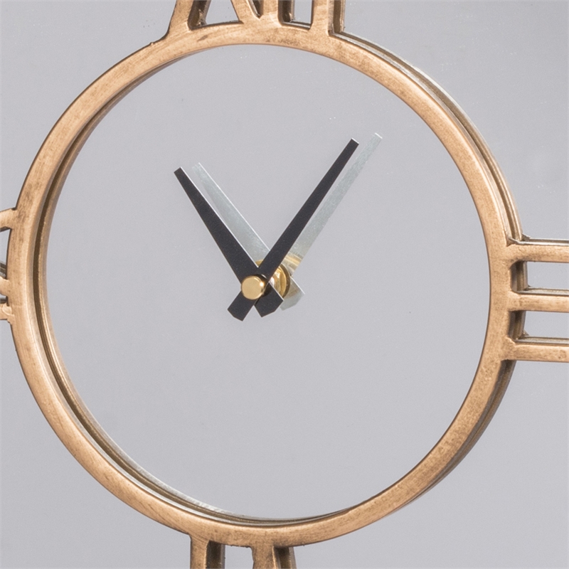 15 Inch Modern Table Clock- Round Mirrored Frame- Gold Metal Accent Trim