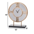15 Inch Modern Table Clock- Round Mirrored Frame- Gold Metal Accent Trim