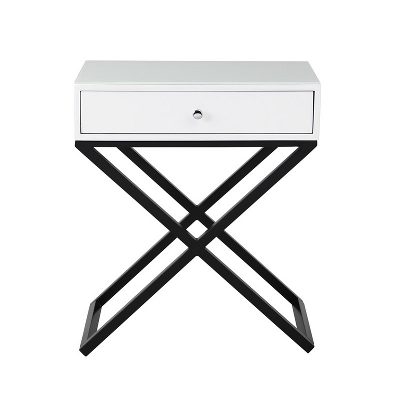 Zeno 27 Inch 1 Drawer Nightstand- Glass Top- Black Metal Cross Legs- White