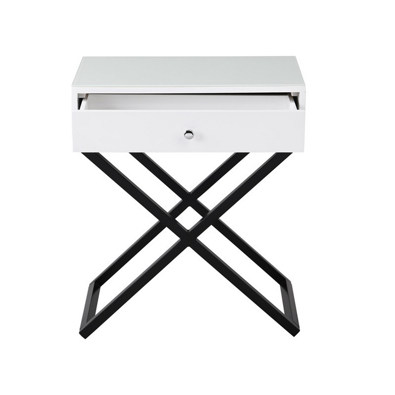 Zeno 27 Inch 1 Drawer Nightstand- Glass Top- Black Metal Cross Legs- White