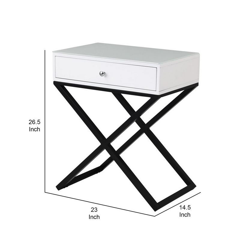 Zeno 27 Inch 1 Drawer Nightstand- Glass Top- Black Metal Cross Legs- White