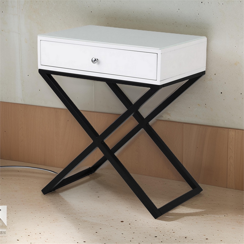 Zeno 27 Inch 1 Drawer Nightstand- Glass Top- Black Metal Cross Legs- White