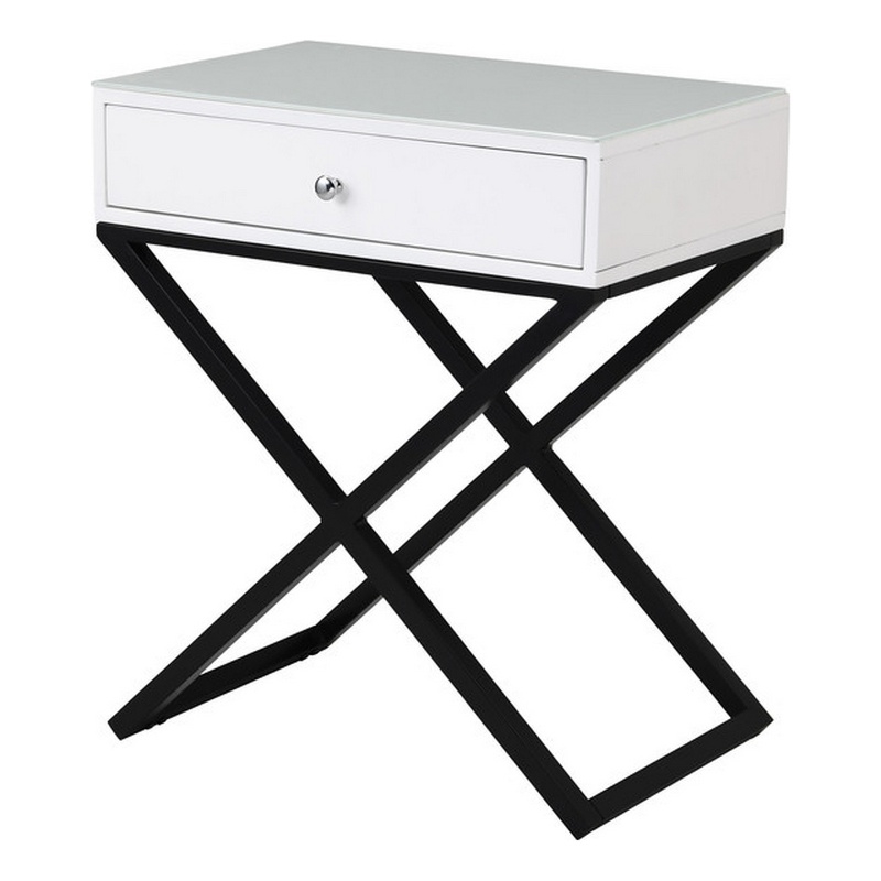 Zeno 27 Inch 1 Drawer Nightstand- Glass Top- Black Metal Cross Legs- White