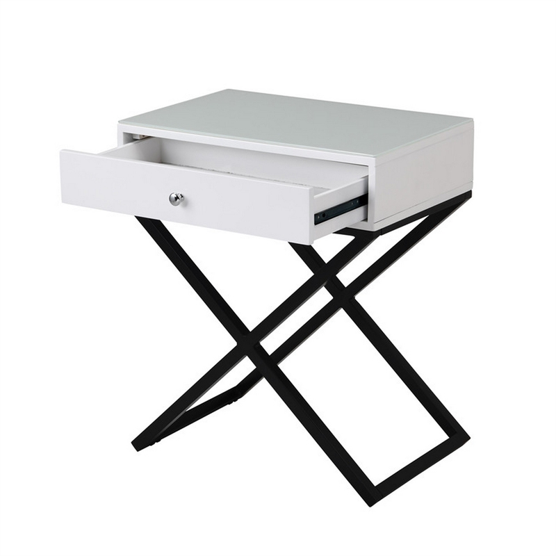 Zeno 27 Inch 1 Drawer Nightstand- Glass Top- Black Metal Cross Legs- White