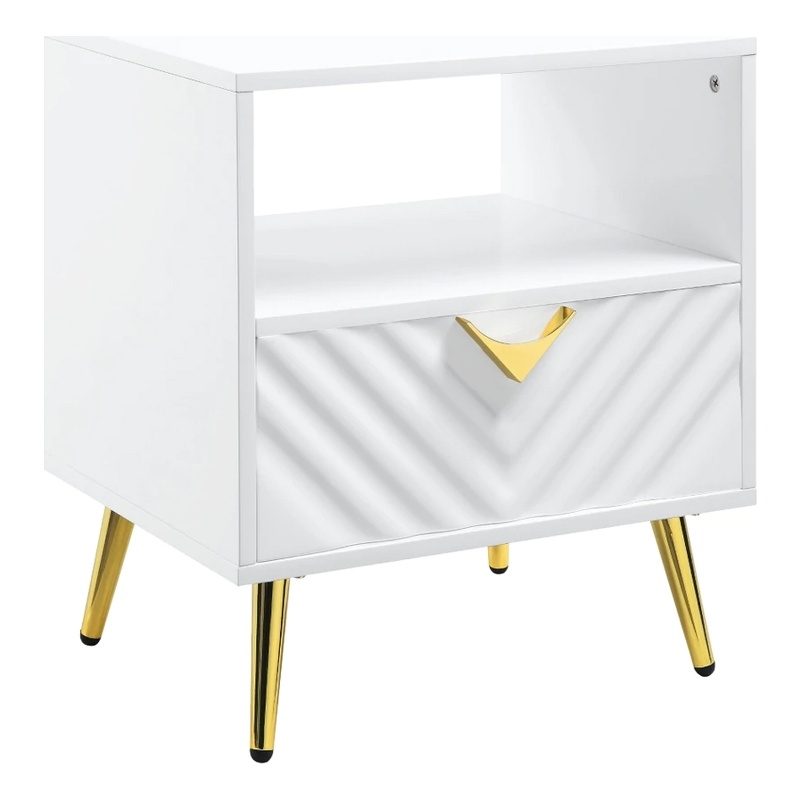Tyra 22 Inch Wood End Table with Open Space- Wave Pattern- White- Gold