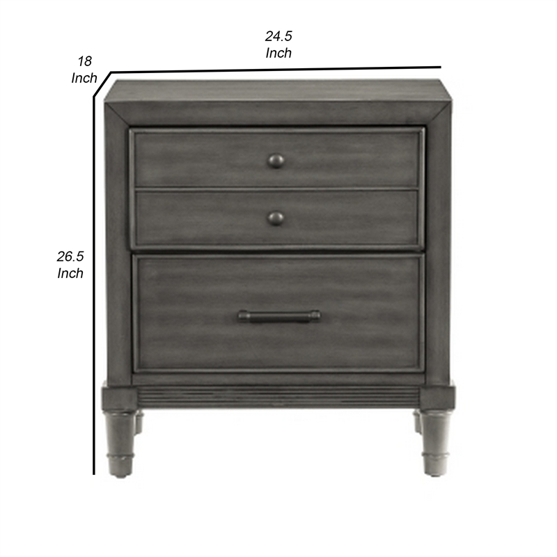 Ceila 27 Inch Classic 2 Drawer Nightstand- Round Tapered Legs- Gray Finish
