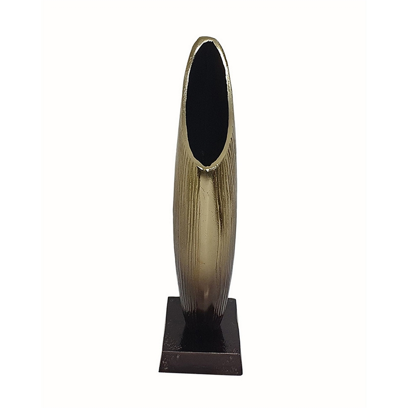 15 Inch Decorative Vase- Aluminum- Vertical Ribbing- Gold and Jet Black