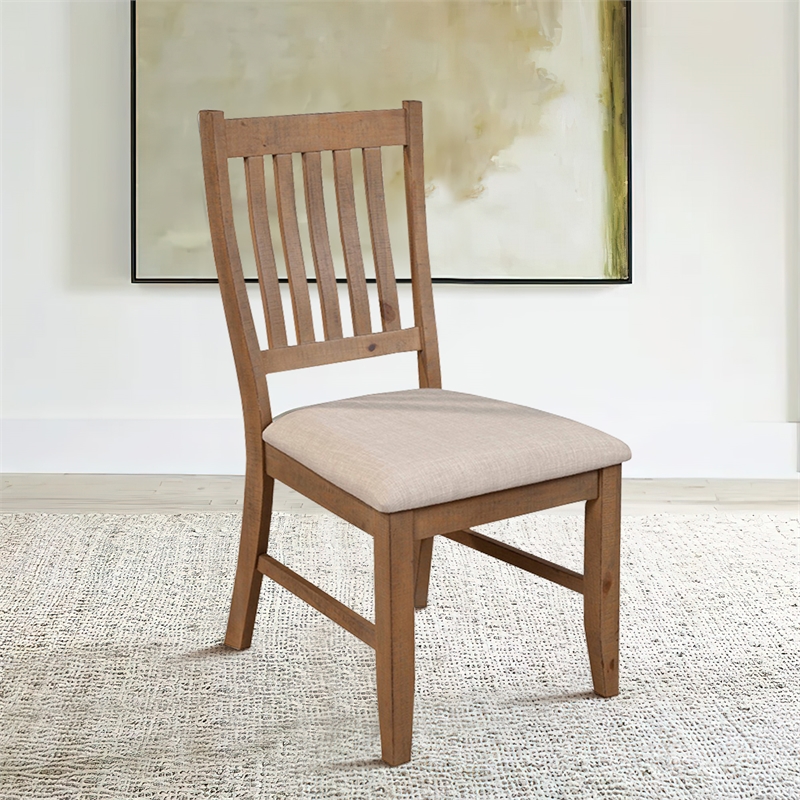 Tess 24 Inch Set of 2 Dining Side Chair- Slatted Back- Beige Cushion- Brown