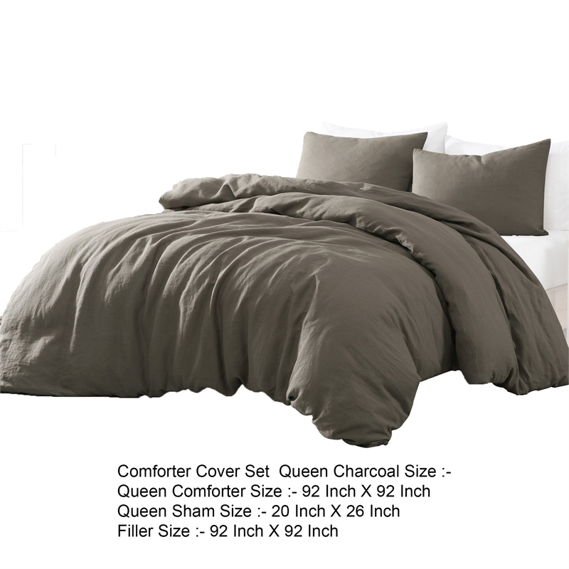 Edge 4 Piece Queen Size Duvet Comforter Set- Washed Linen- Charcoal Gray
