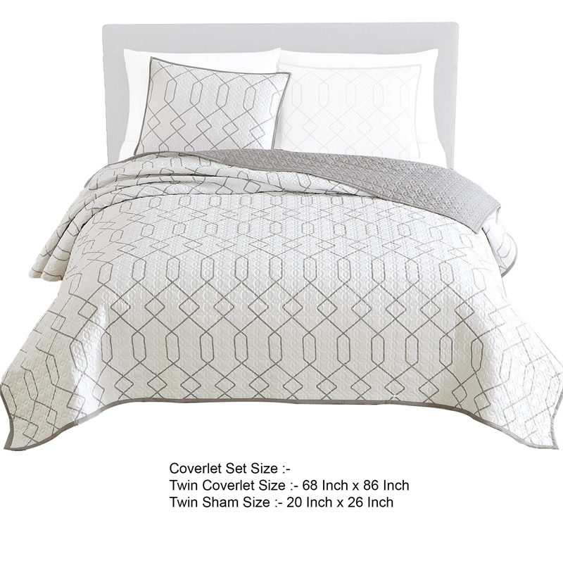 Jim 2 Piece Twin Size Reversible Coverlet Set- Geometric White and Gray