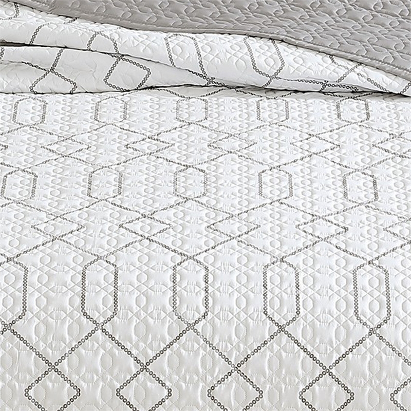 Jim 2 Piece Twin Size Reversible Coverlet Set- Geometric White and Gray