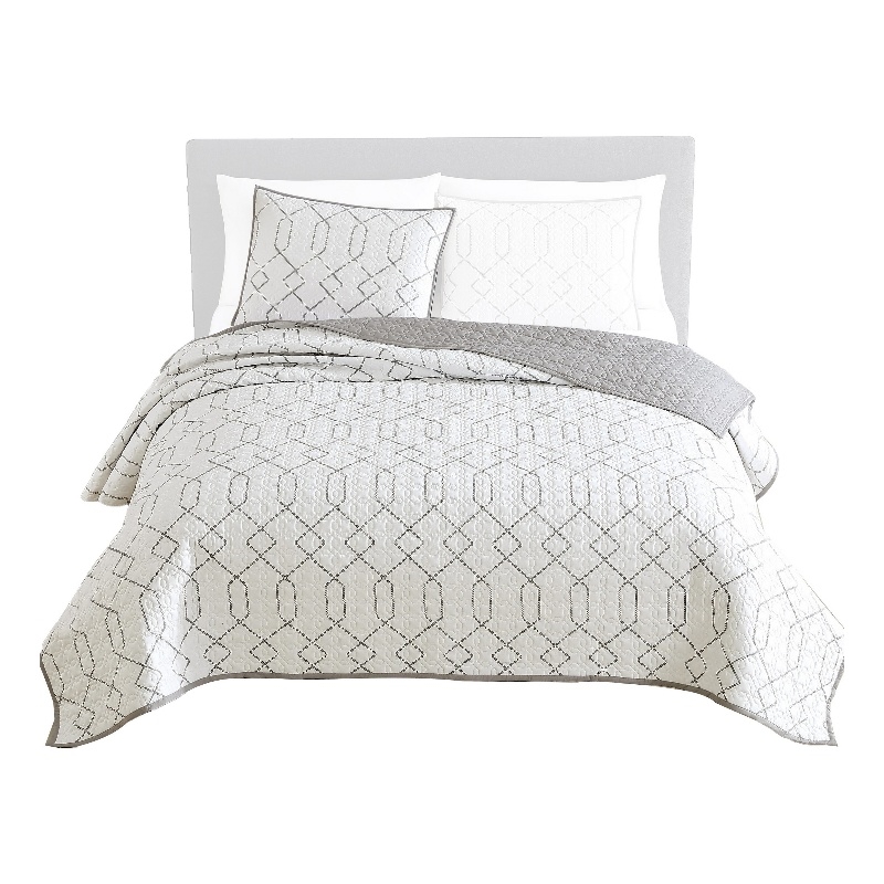 Jim 2 Piece Twin Size Reversible Coverlet Set- Geometric White and Gray