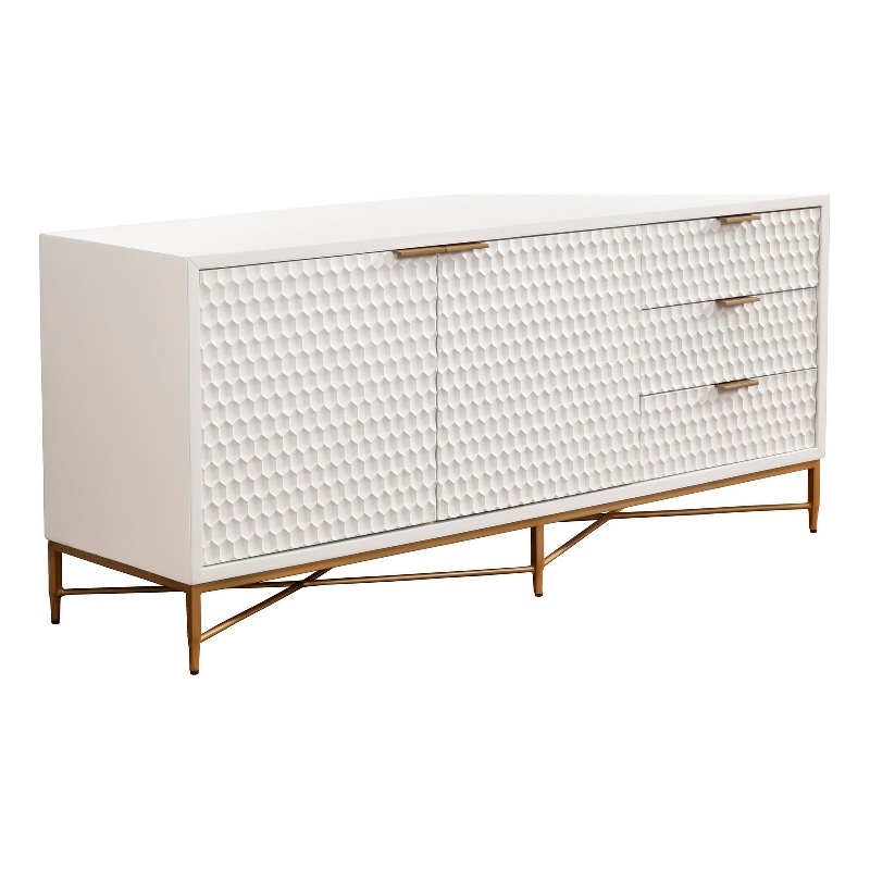 Rexi 64 Inch TV Media Entertainment Center Console- 3 Drawers- White- Gold