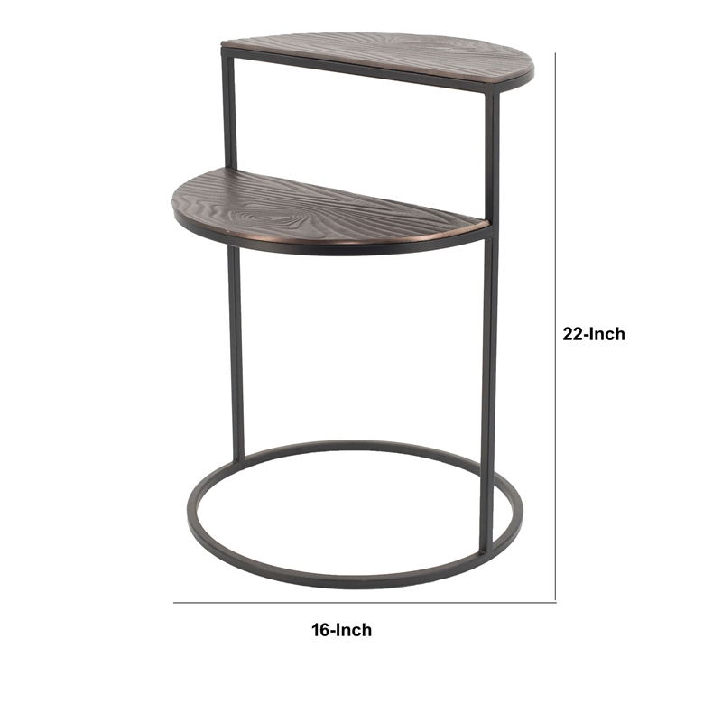 22 Inch Modern Metal Round Accent Table- 2 Half Circle Shelves- Wood- Brown