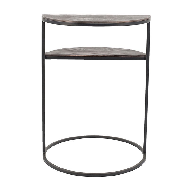 22 Inch Modern Metal Round Accent Table- 2 Half Circle Shelves- Wood- Brown