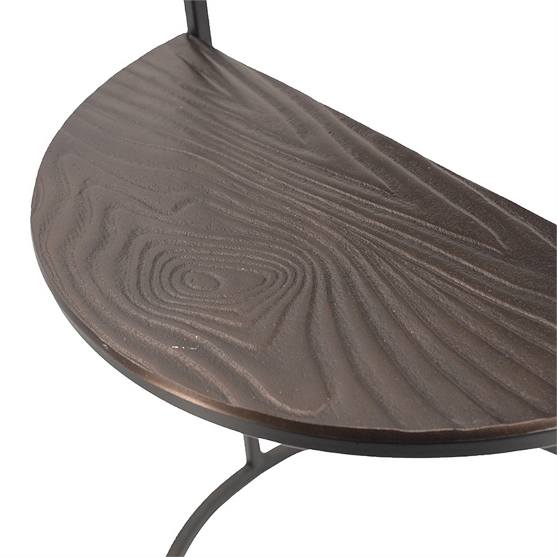 22 Inch Modern Metal Round Accent Table- 2 Half Circle Shelves- Wood- Brown