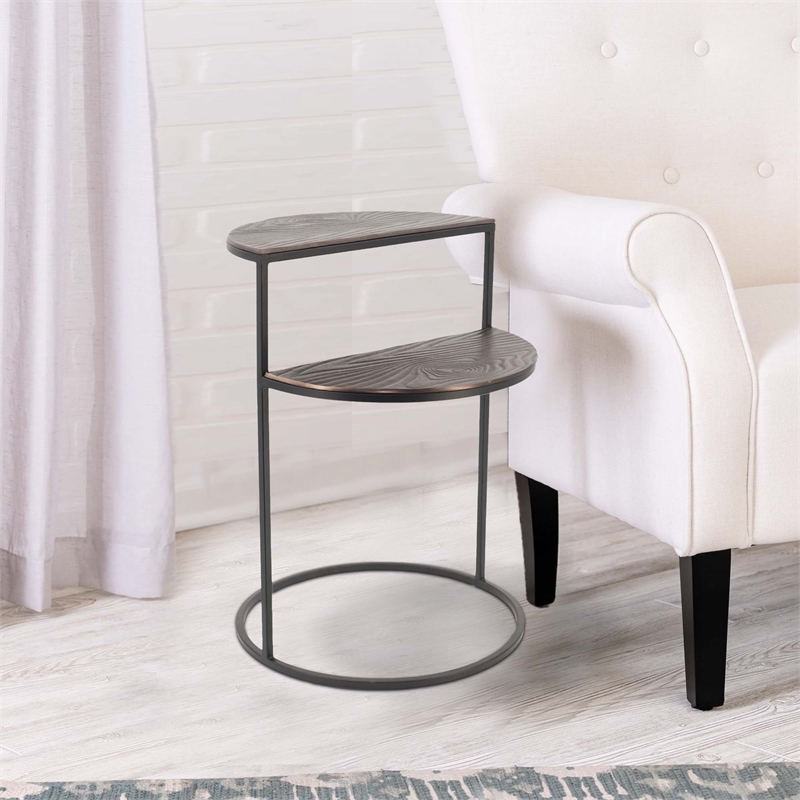 22 Inch Modern Metal Round Accent Table- 2 Half Circle Shelves- Wood- Brown
