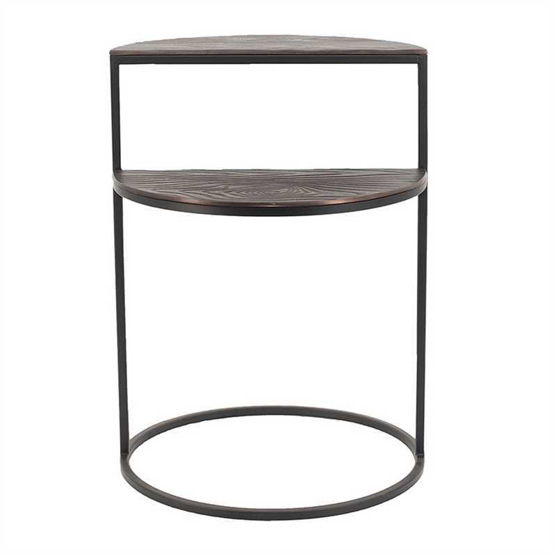 22 Inch Modern Metal Round Accent Table- 2 Half Circle Shelves- Wood- Brown