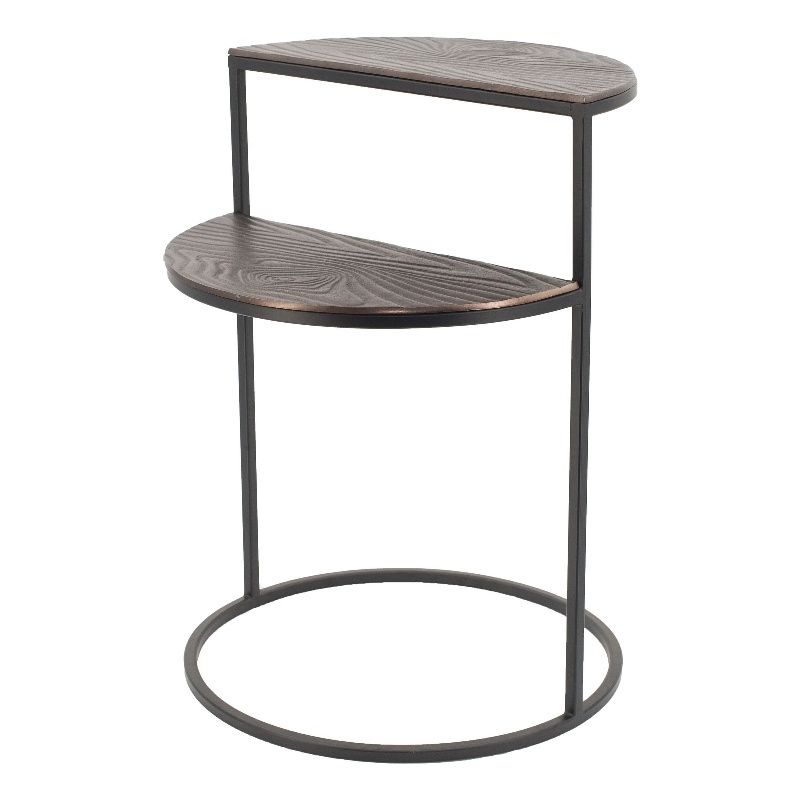 22 Inch Modern Metal Round Accent Table- 2 Half Circle Shelves- Wood- Brown