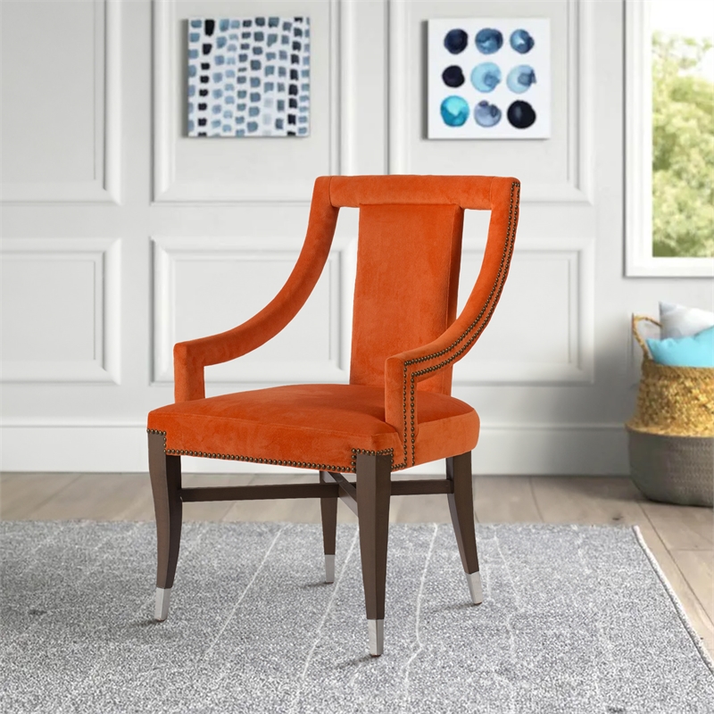 24 Inch Accent Chair- Modern Style Velvet- Open- Sloped Arms- Orange- Black