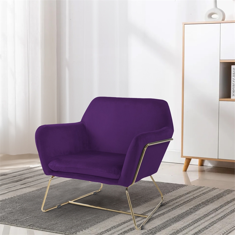 Zoey 30 Inch Modern Accent Chair with Gold Metal Frame and Purple Velvet