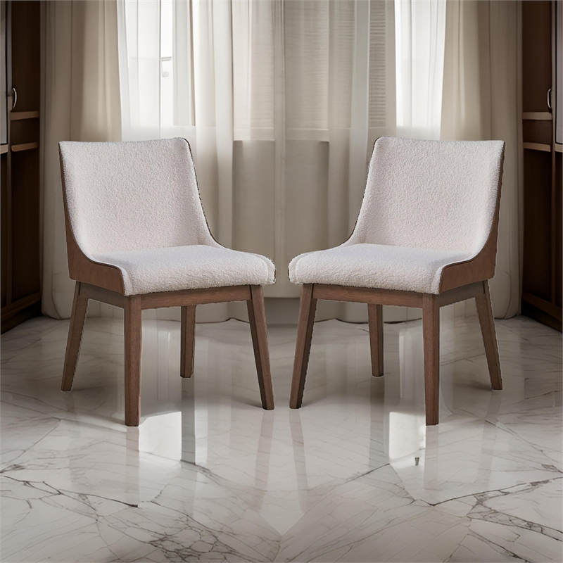 25 Inch Side Dining Chair Set of 2- Wingback- White Boucle- Walnut Brown