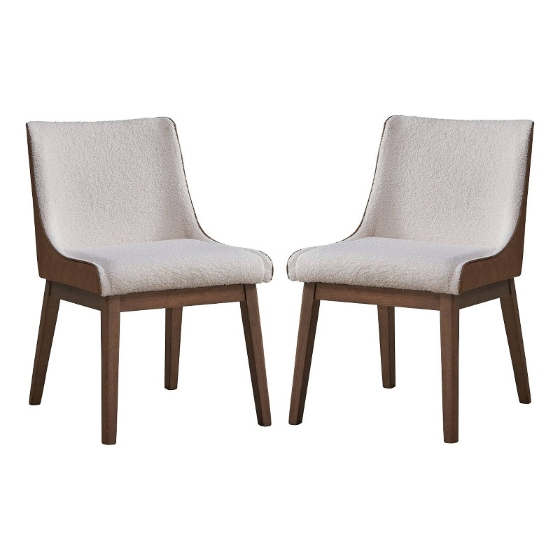 25 Inch Side Dining Chair Set of 2- Wingback- White Boucle- Walnut Brown