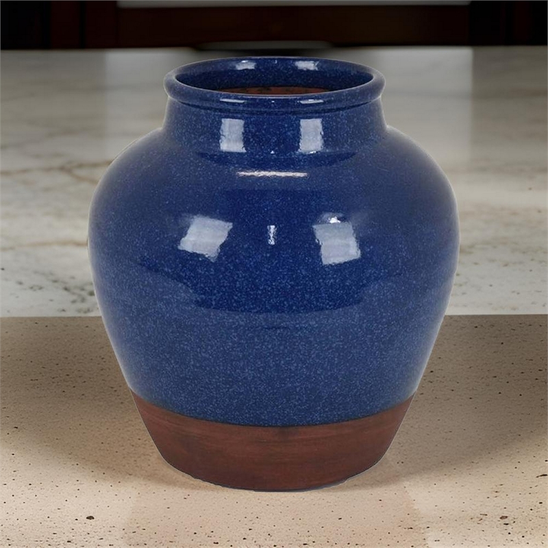 Venny 12 Inch Ceramic Flower Vase- Two Tone Antique Blue and Brown Finish