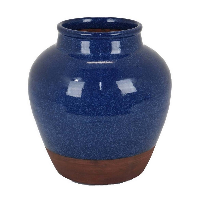 Venny 12 Inch Ceramic Flower Vase- Two Tone Antique Blue and Brown Finish