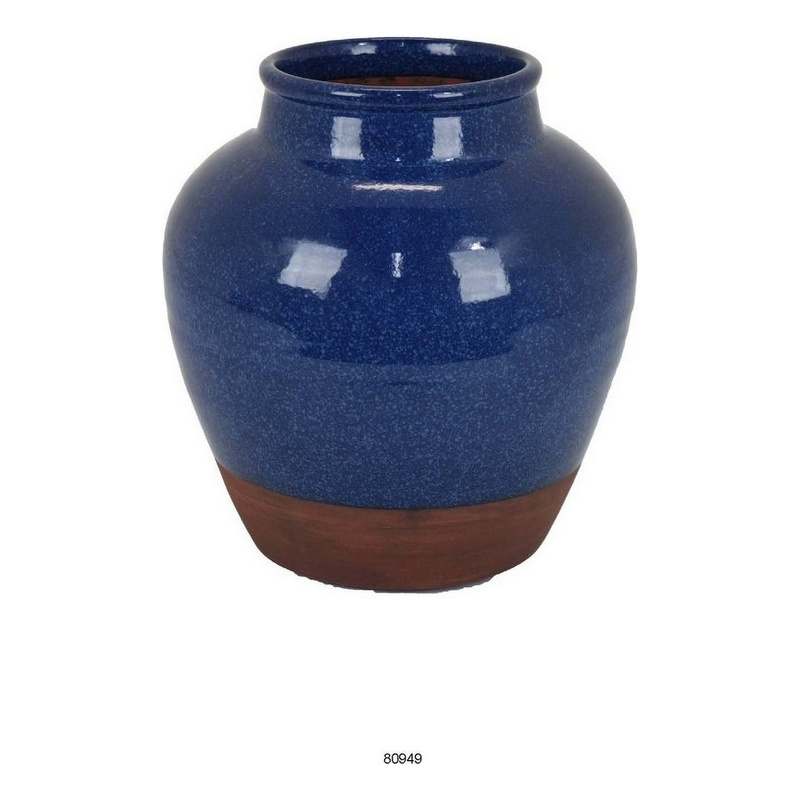 Venny 12 Inch Ceramic Flower Vase- Two Tone Antique Blue and Brown Finish
