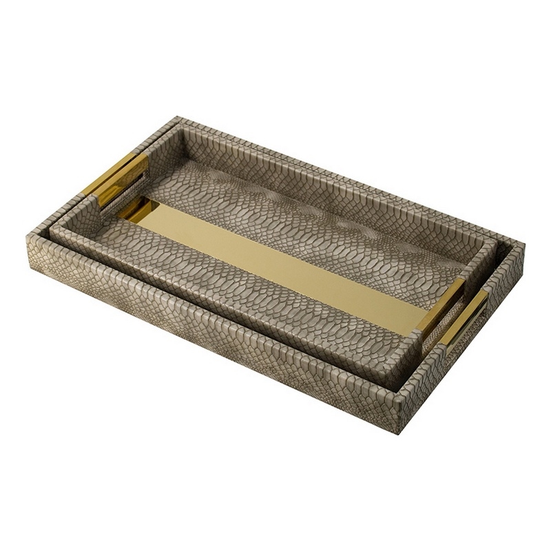 Set of 2 Textured Nesting Trays- MDF Frame- Vegan Faux Leather- Flannel