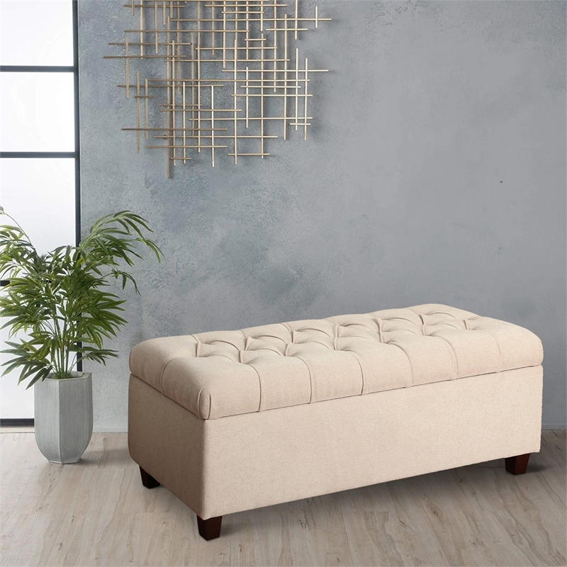 Fabric Upholstered Button Tufted Wooden Bench With Hinged Storage- Cream Brown