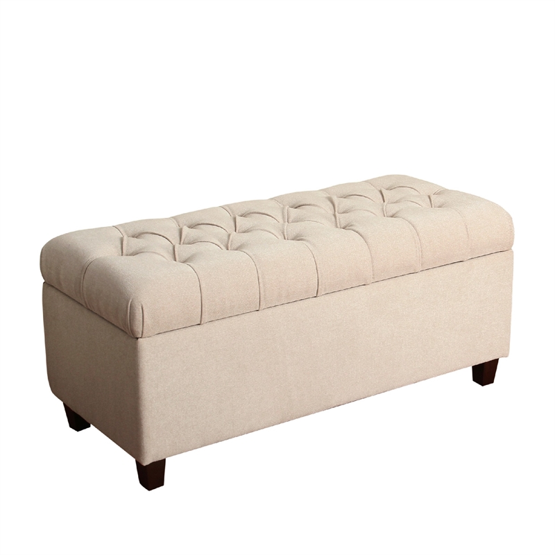 Fabric Upholstered Button Tufted Wooden Bench With Hinged Storage- Cream Brown