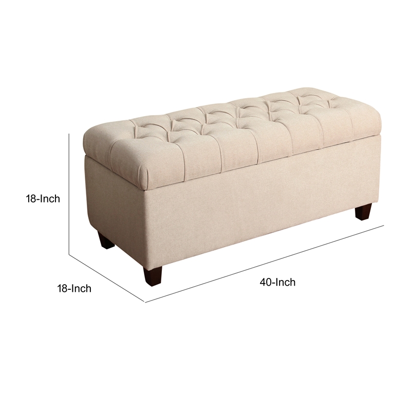 Fabric Upholstered Button Tufted Wooden Bench With Hinged Storage- Cream Brown