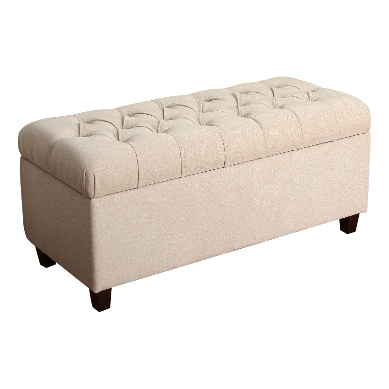 Fabric Upholstered Button Tufted Wooden Bench With Hinged Storage- Cream Brown