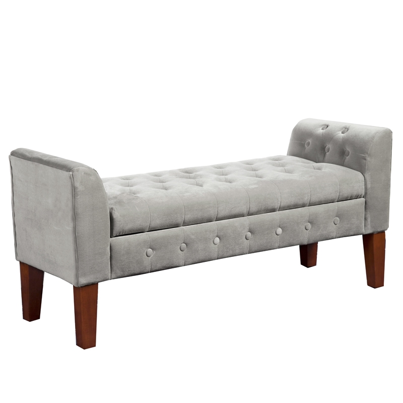 Velvet Upholstered Button Tufted Wooden Bench Settee With Hinged Storage- Brown
