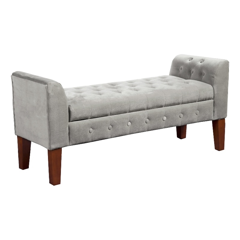 Velvet Upholstered Button Tufted Wooden Bench Settee With Hinged Storage- Brown