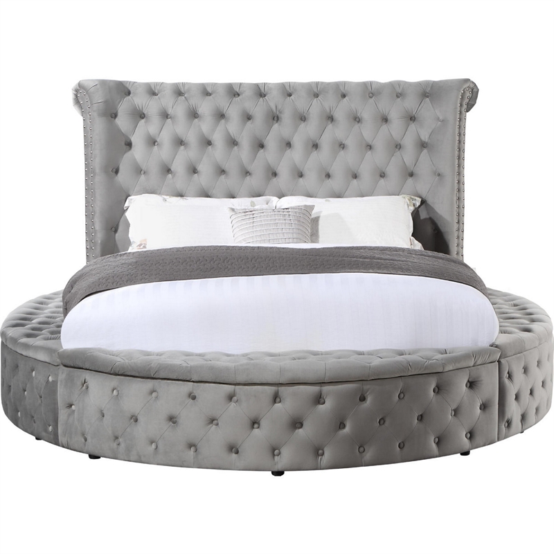 Modern Wood King Size Bed- Button Tufted- Bedside Bench with Storage- Gray