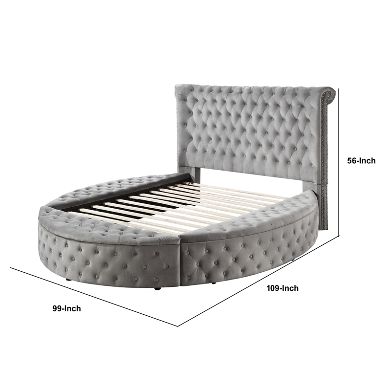 Modern Wood King Size Bed- Button Tufted- Bedside Bench with Storage- Gray